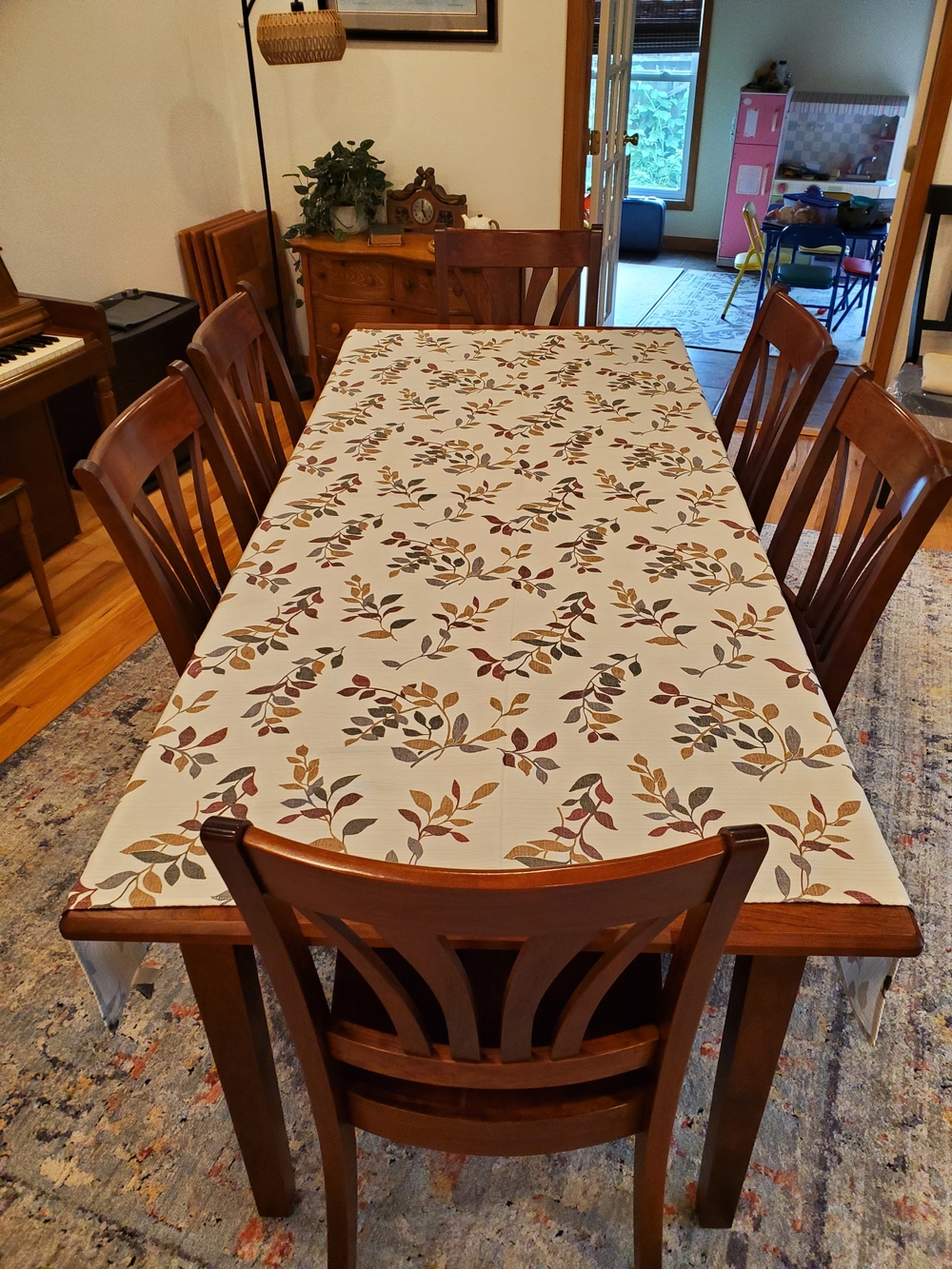 Floral Leaf Print Tablecloth in Cream, Brown & Green - Home Dining